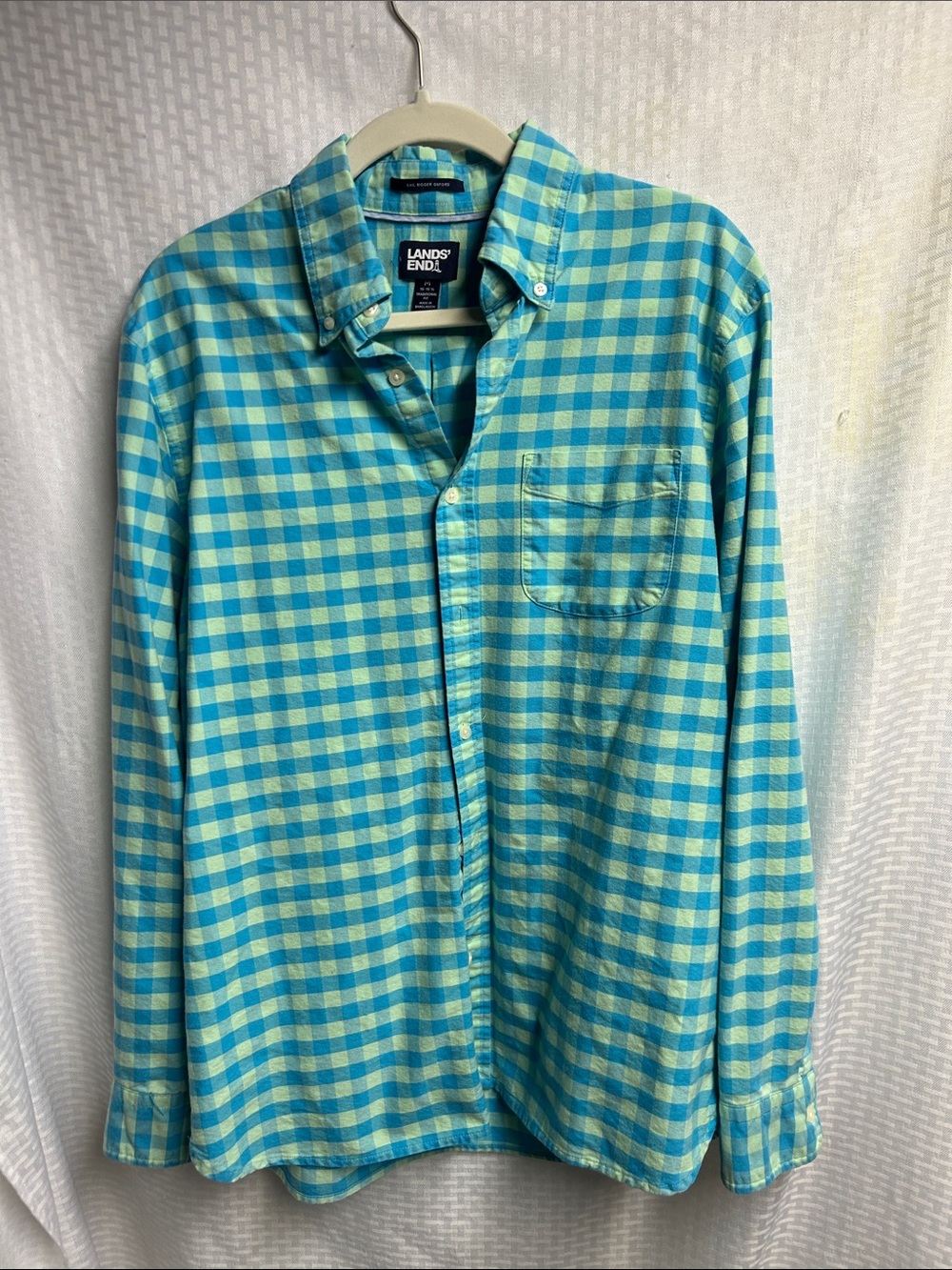 Lands' End Men's Aqua and Teal Gingham Button-Down Shirt